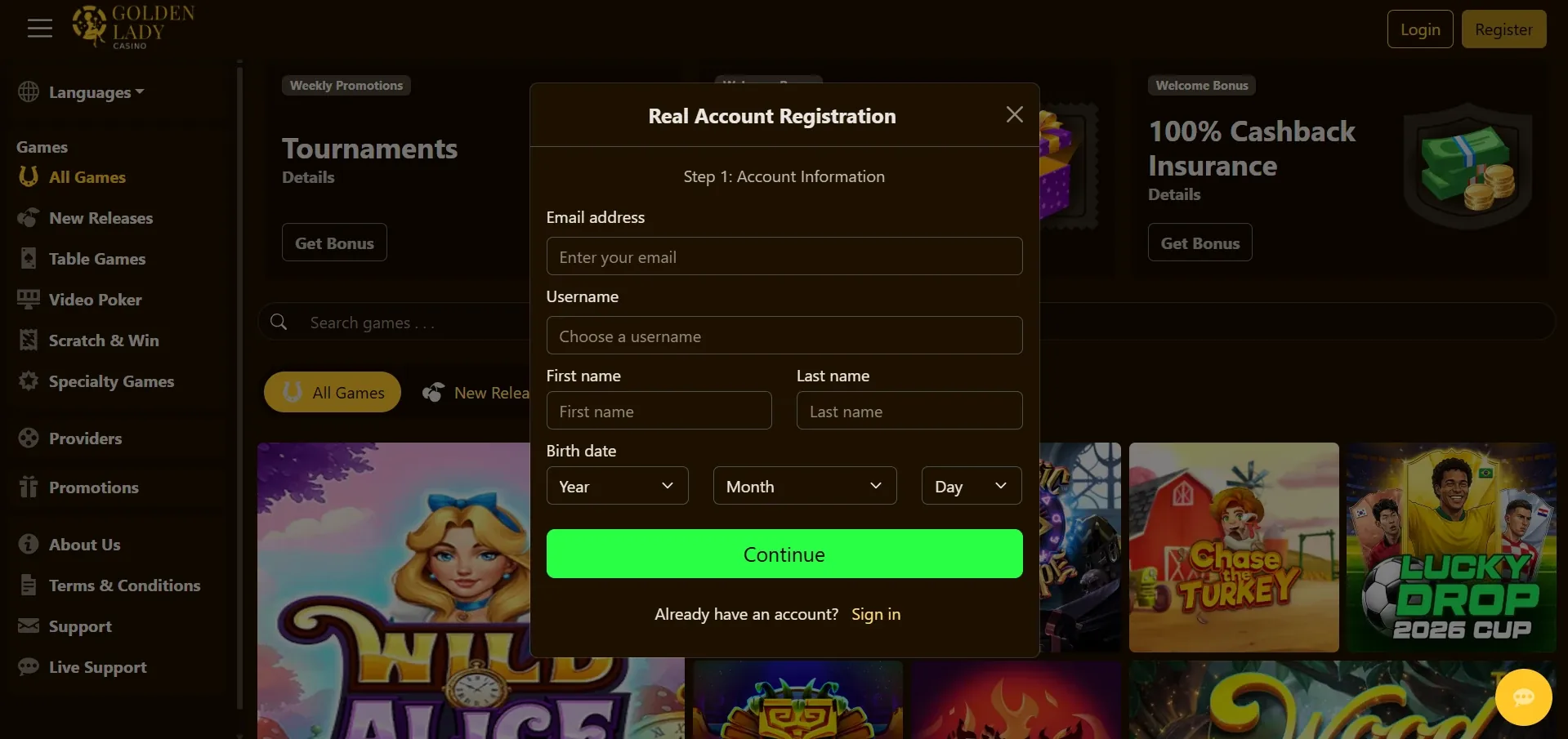 Golden Lady Casino sign up